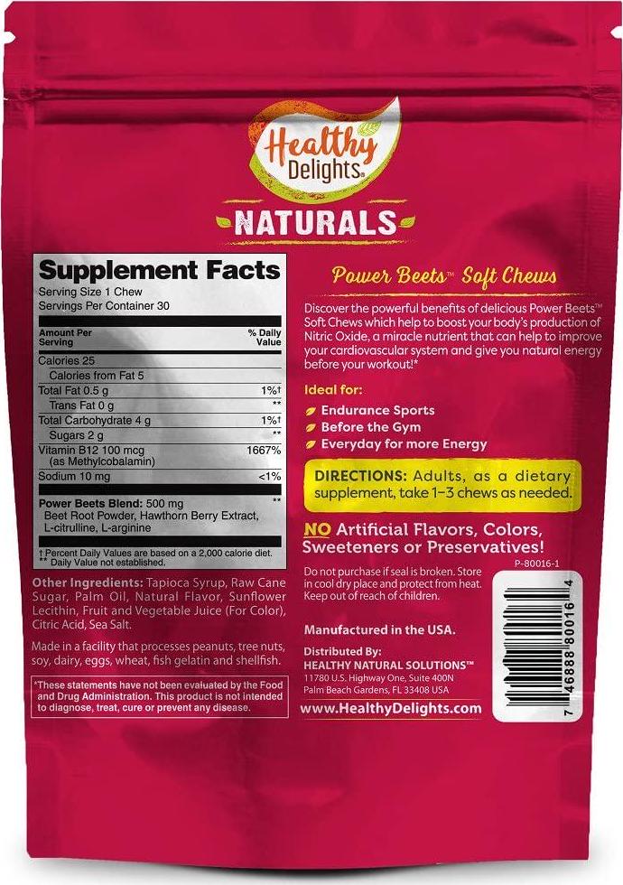 Healthy Delights Naturals Power Beets Soft Chews, Delicious Strawberry Burst, Concentrated Superfood Supplement, Supports Circulation, Natural Energy and Stamina, 30 Count