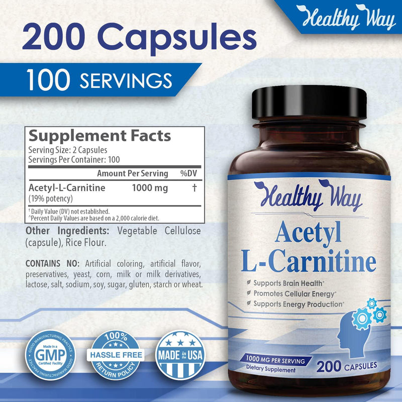 Healthy Way Acetyl L-Carnitine 1000 mg, 200 Capsules