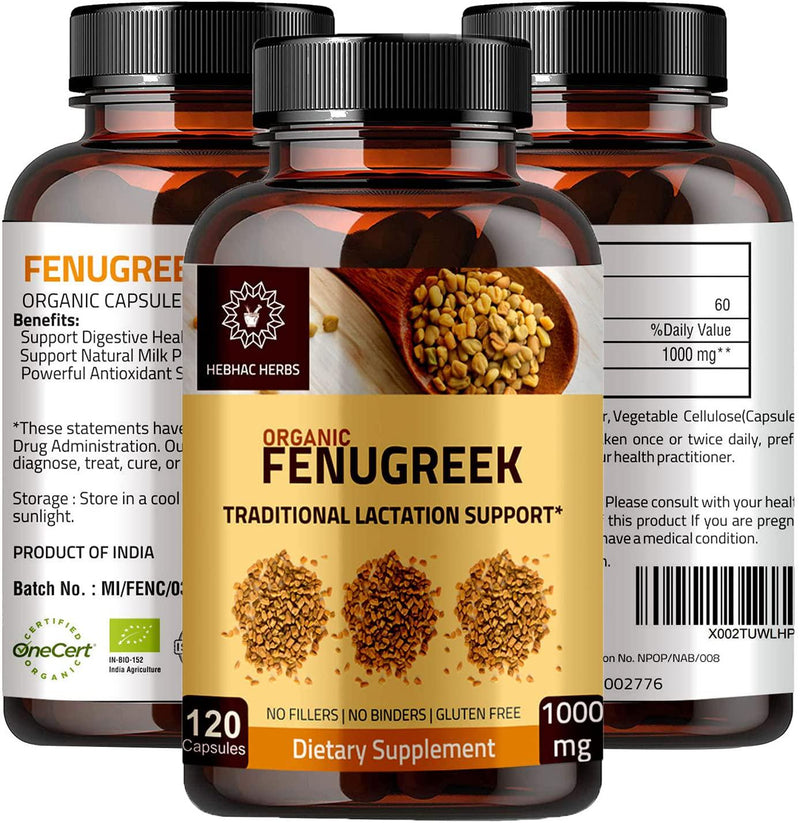 Hebhac Herbs Fenugreek Capsules for Women 120 Capsules 1000mg Dietary Supplement | Organc Fenugreek Powder Capsules Promotes Healthy Lactation Potent Fenugreek Seed Supplement Capsules