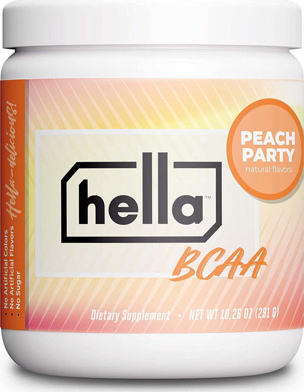 Hella BCAA Powder, Muscle Recovery Drink Mix and Post Workout Performance Formula with Vital Nutrients and Coconut Water, 2:1:1 Leucine, Isoleucine, Valine for Men and Women, Peach Party, 30 Servings