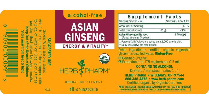 Herb Pharm Asian (Panax) Ginseng Liquid Glycerite for Energy and Stamina, Alcohol-Free Glycerite, 1 Ounce
