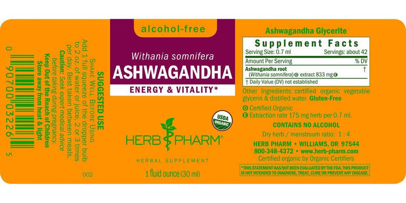 Herb Pharm Certified Organic Ashwagandha Extract for Energy and Vitality, Alcohol-Free Glycerite, 1 Ounce