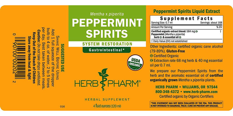 Herb Pharm Certified Organic Peppermint Spirits Liquid Extract Digestive Support Blend - 4 Ounce (DPEP04)