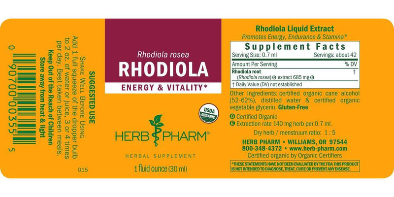 Herb Pharm Certified Organic Rhodiola Root Extract for Energy, Endurance and Stamina, Organic Cane Alcohol, 1 Ounce (090700003555)