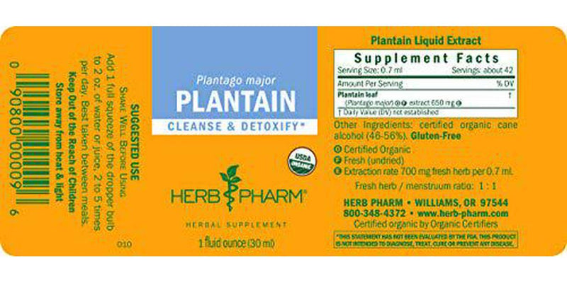 Herb Pharm Certified Organic Plantain Liquid Extract for Cleansing and Detoxification - 1 Ounce (DPLAN01)