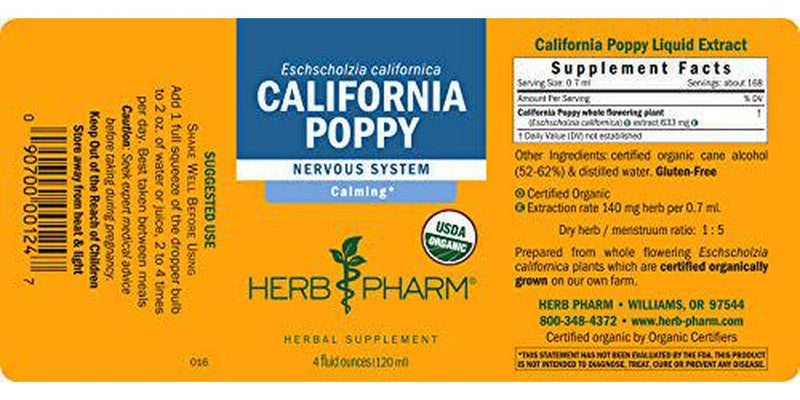 Herb Pharm Certified Organic California Poppy Liquid Extract for Calming Nervous System Support - 4 Ounce