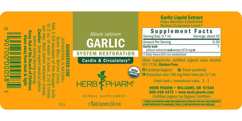 Herb Pharm Certified Organic Garlic Liquid Extract for Cardiovascular and Circulatory Support - 1 Ounce