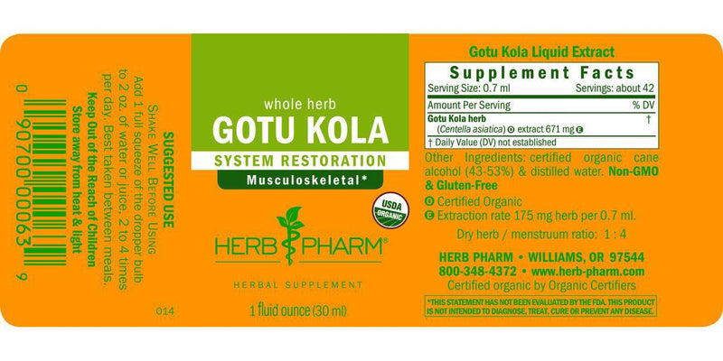 Herb Pharm Certified Organic Gotu Kola Liquid Extract for Musculoskeletal System Support, 1 Fl Oz
