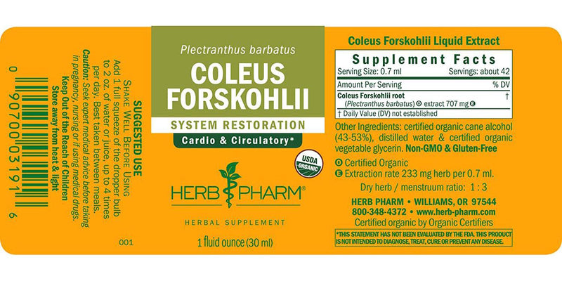 Herb Pharm Coleus Forskohlii Liquid Extract for Heart Health, 1 Fl Oz