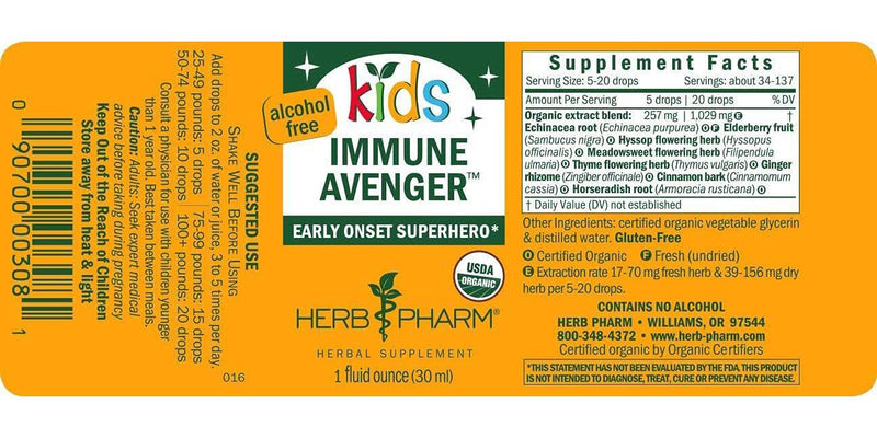 Herb Pharm Kids Certified-Organic Alcohol-Free Immune Avenger Herbal Formula, 1 Ounce