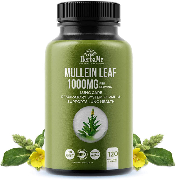 HerbaMe Mullein Leaf Capsules, 120 Count, 1000mg, Lung Care, Herbal Supplement Supports Respiratory Function Health and Mucous Membranes, Mucus Relief, Detox Lung Cleanse Support Helps to Quit Smoking