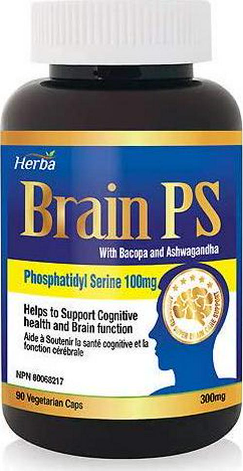 Herba Brain PS - Phosphatidyl Serine (PS)100mg with Bacopa and Ashwagandha, Extra Strength, Vegan, Non-GMO, 100% Natural, 90 Vegetable Capsules, obtained NPN