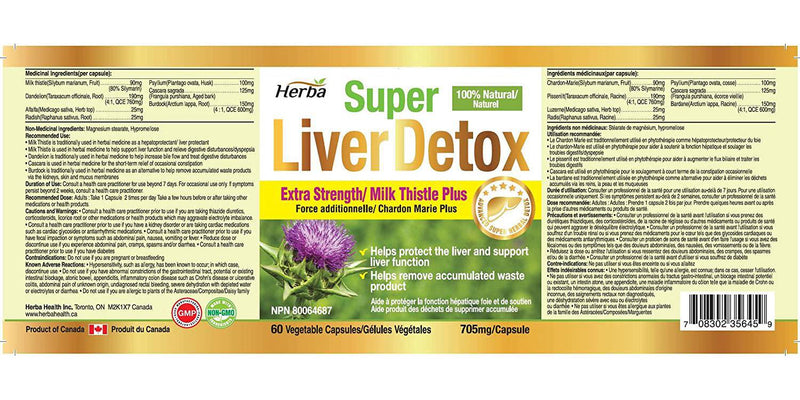 Herba Super Liver Detox - with Milk Thistle and Other 6 Ingredients, 60 Vegetable Capsules, Helps Protect The Liver and its Functions, 100% Natural, Non-GMO, Obtained NPN