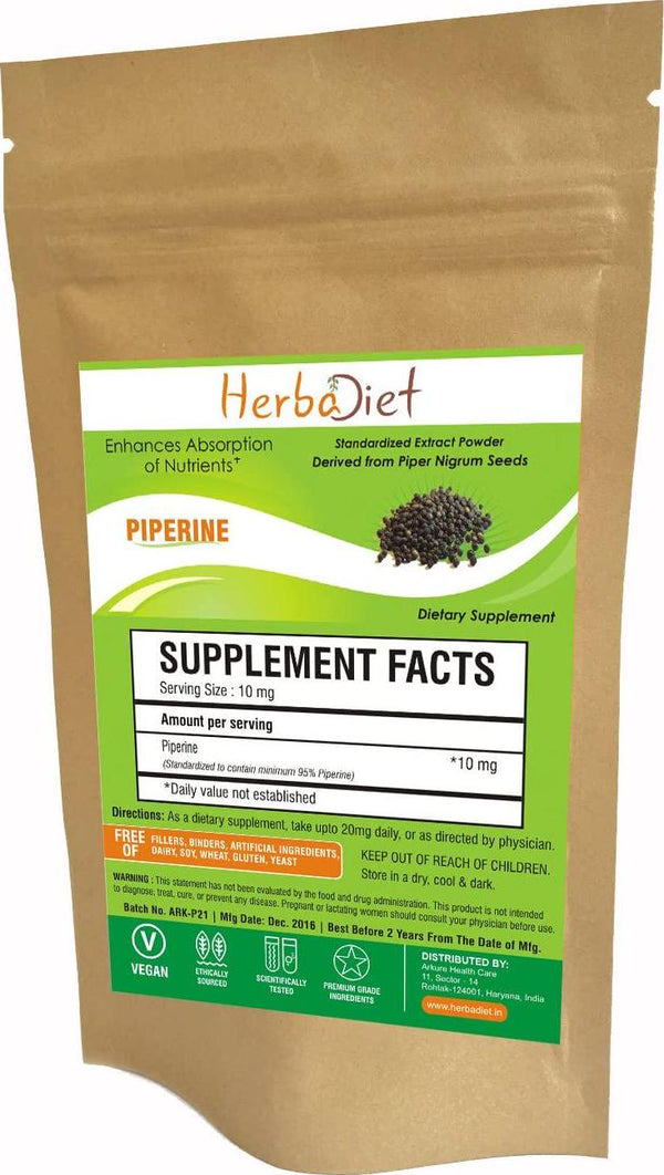 Herbadiet Piperine 95% Powder | Black Pepper Extract Powder 95% by Hplc | Bioavailability Enhancer, Boosts Nutrients Uptake| Gluten Free, Non-GMO Bulk Supplement (200 Gram)