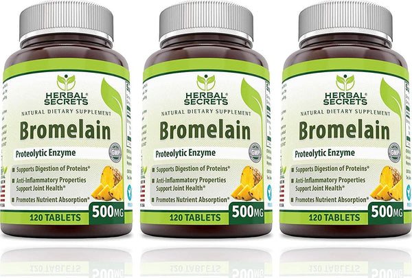 Herbal Secrets Bromelain 500 Mg 360 Tablets (Non-GMO)- Proteolytic Enzyme* Anti-Inflammatory Properties* Support Joint Health* Promotes Nutrient Absorption*