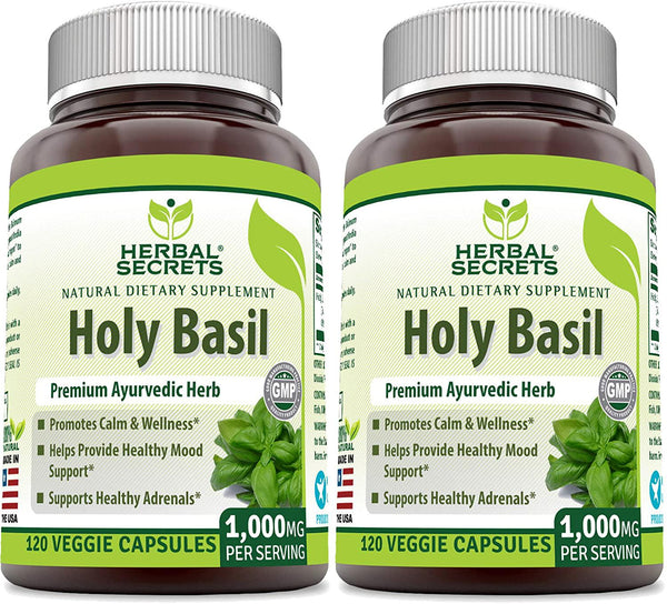 Herbal Secrets Holy Basil 1000 Mg Per Serving 120 Capsules (Non-GMO)- Promotes Calm and Wellness, Helps Provide Healthy Mood Support, Support Healthy Adrenals* (Pack of 2-240 Capsules Total)