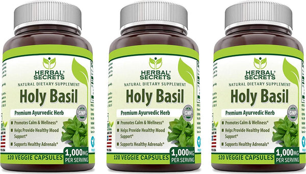 Herbal Secrets Holy Basil 1000 Mg Per Serving 120 Capsules (Non-GMO)- Promotes Calm and Wellness, Helps Provide Healthy Mood Support, Support Healthy Adrenals* (Pack of 3-360 Capsules Total)
