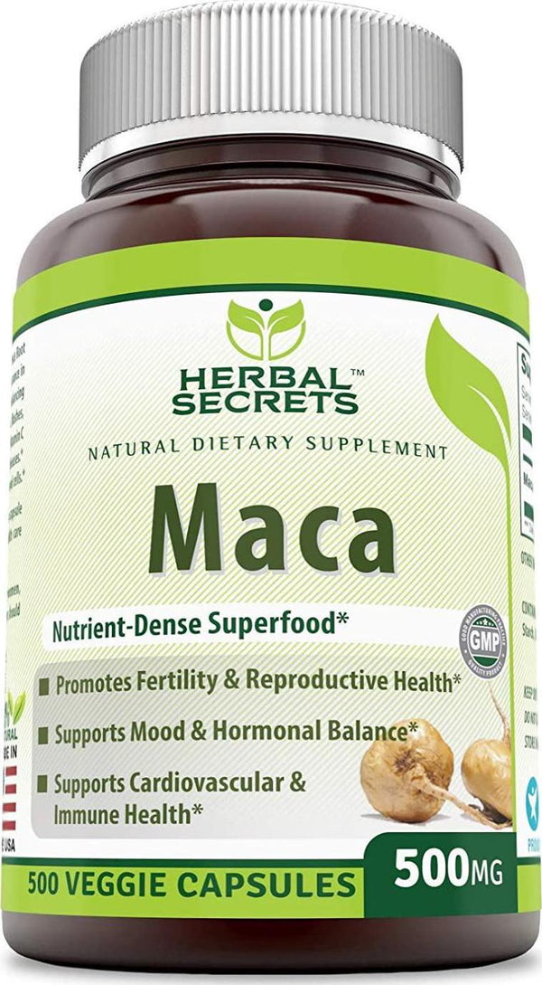 Herbal Secrets Maca 500 Mg 500 Veggie Capsules- Nutrient Dense Super Food* - Supports Reproductive Health - Energizing Herb- Support Cardiovascular and Immune Health*