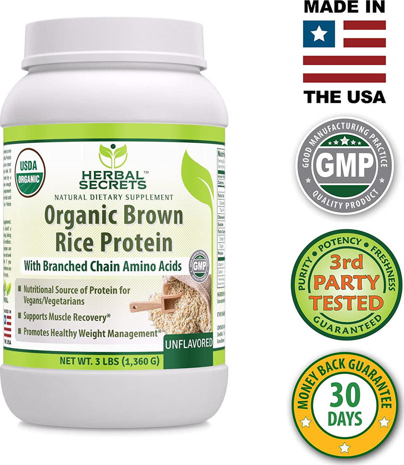 Herbal Secrets Organic Brown Rice Protein Powder - 3 lbs (Non-GMO) Unflavored- Supports Muscle Recovery, Promotes Healthy Weight Management*