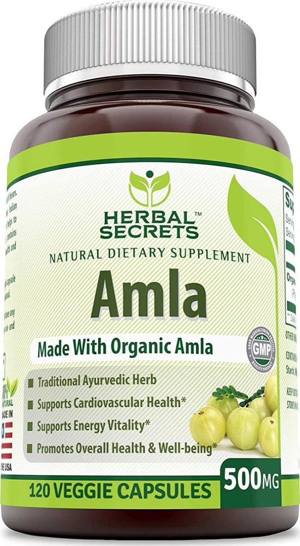 Herbal Secrets Organic Amla 500 Mg 120 Veggie Capsules (Non-GMO) - Supports Cardiovascular Health, Energy Vitality* Promotes Overall Health and Well Being*