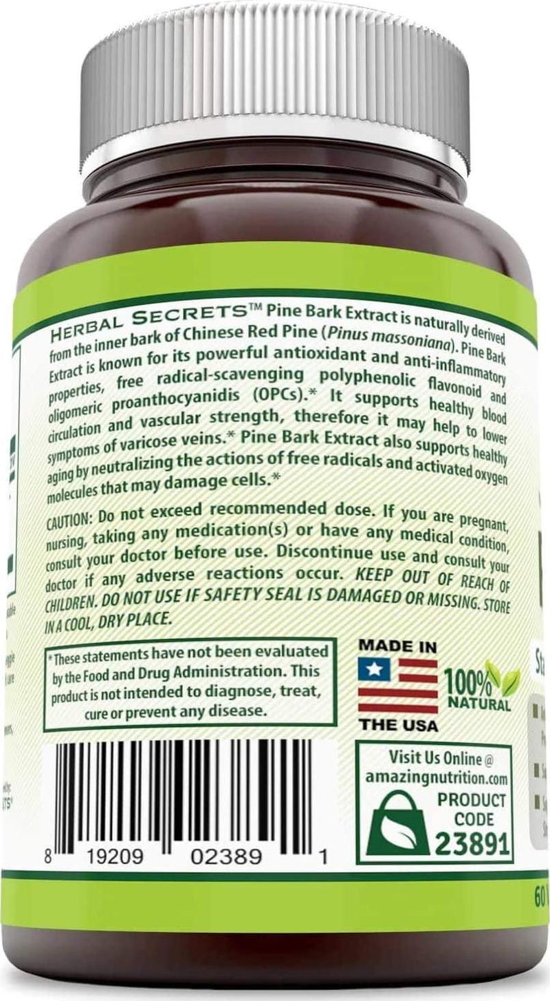Herbal Secrets Pine bark Extract 100 mg 60 Veggie Capsules (Non-GMO) Antioxidant and Anti-inflammatory Properties* Protection Against Free Radicals* Supports Circulation, Vascular Strength*