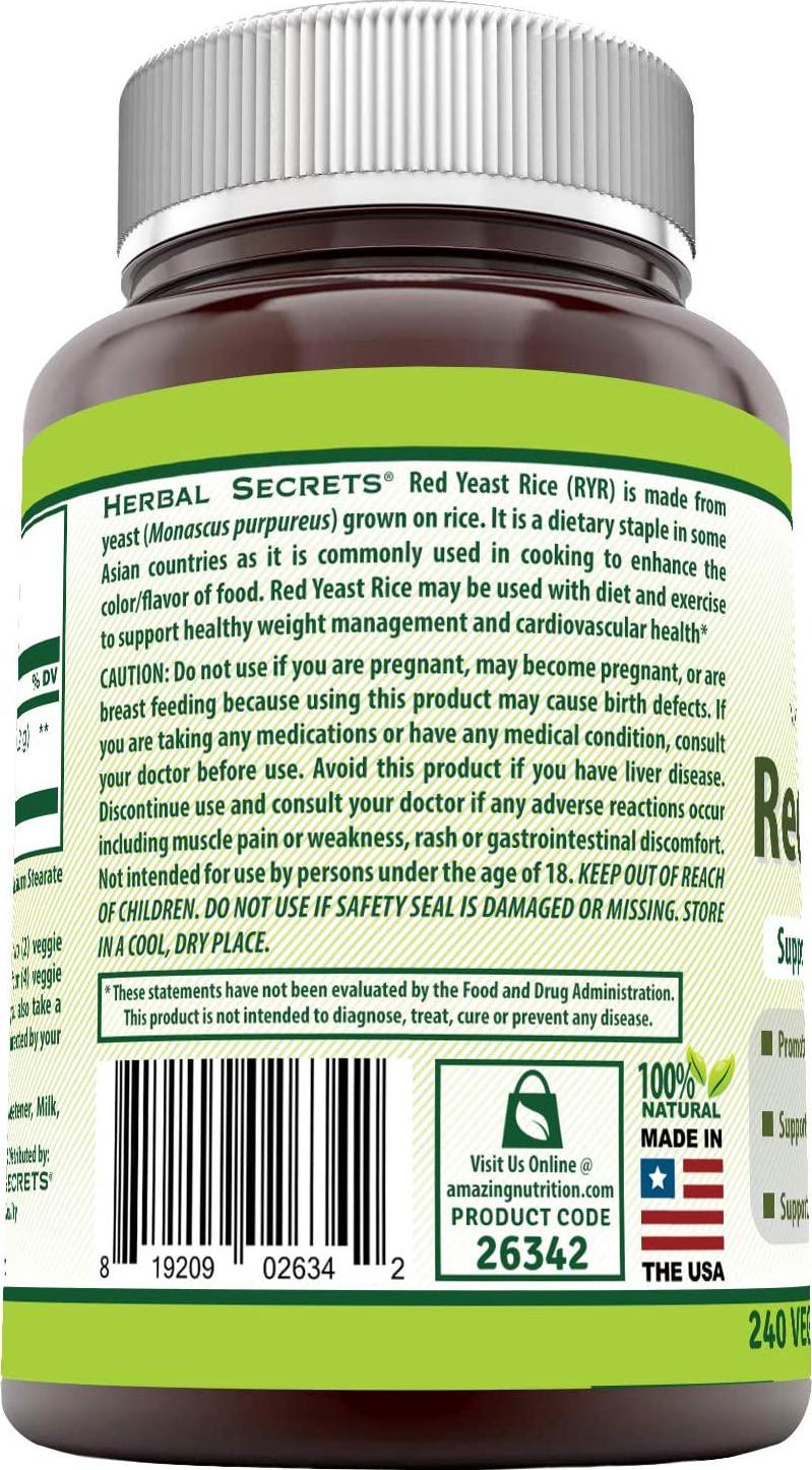 Herbal Secrets Red Yeast Rice Dietary Supplement - 1,200 Mg (Per Serving of 2 Capsules), Veggie Capsules - (Non-GMO) Supports Cardiovascular Health, Immune Health and Overall Well-Being.* (240 Count)