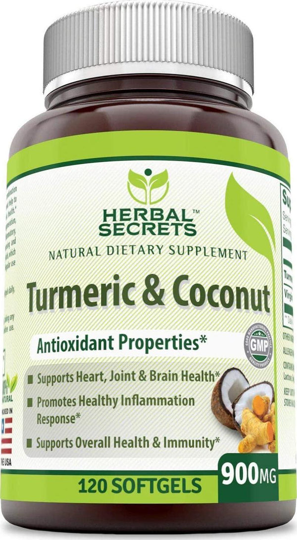 Herbal Secrets Turmeric and Coconut 900 Mg 120 Softgels (Non-GMO) - Antioxidant Properties* Supports Heart, Joint and Brain Health,Promotes Healthy Inflammation Response*