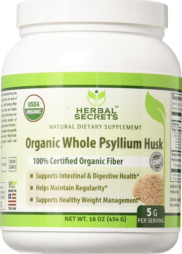 Herbal Secrets USDA Certified Organic Psyllium Husk 16 Oz (Non-GMO)- Vegan, Dairy Free, Gluten Free, no Sugar-Supports Intestinal and Digestive Health,Supports Healthy Weight Management*
