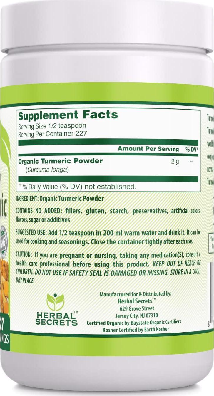Herbal Secrets USDA Certified Organic Turmeric Powder 16 oz (Non-GMO) Gluten-Free - Antioxidant and Anti-Inflammatory Properties* Supports Healthy Heart and Brain Functions*