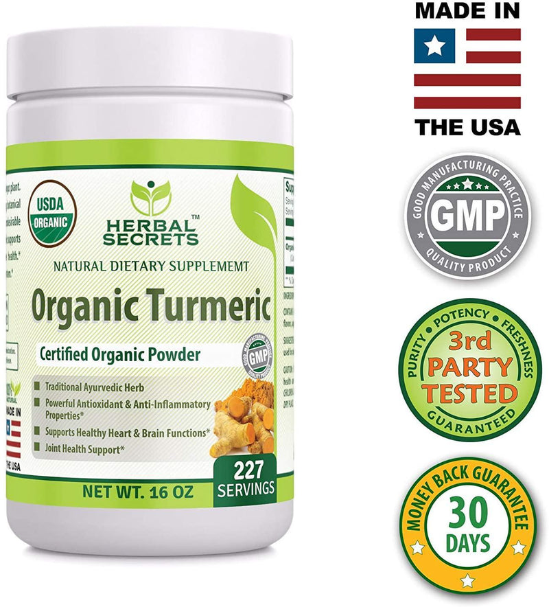 Herbal Secrets USDA Certified Organic Turmeric Powder 16 oz (Non-GMO) Gluten-Free - Antioxidant and Anti-Inflammatory Properties* Supports Healthy Heart and Brain Functions*