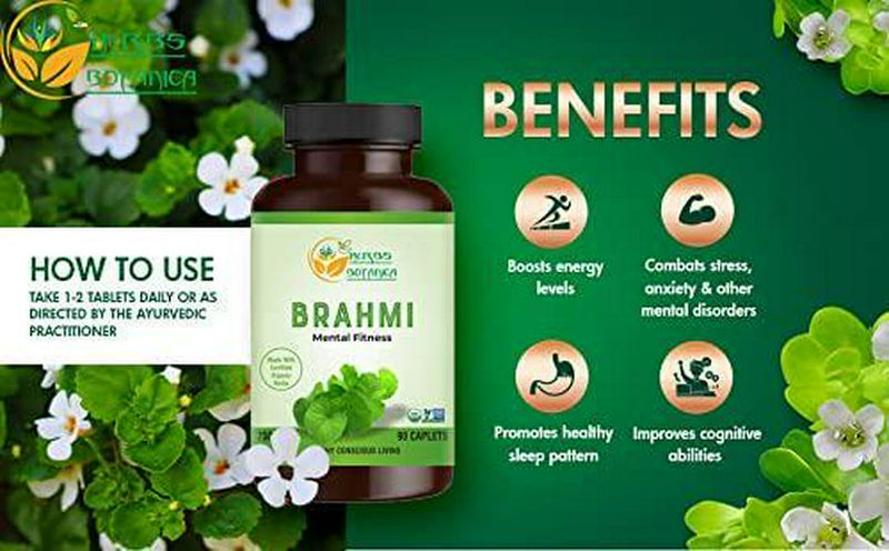 Herbs Botanica Organic Brahmi Capsules Bacopa Caplets 750mg 90 Tablets | Promote Mental Fitness | Improves Brain and Nervous System | for Good Memory, Alertness