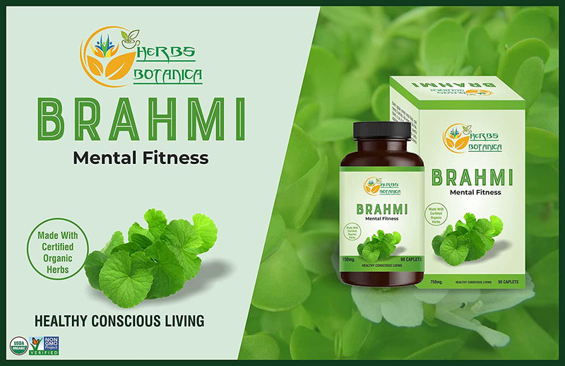 Herbs Botanica Organic Brahmi Capsules Bacopa Caplets 750mg 90 Tablets | Promote Mental Fitness | Improves Brain and Nervous System | for Good Memory, Alertness