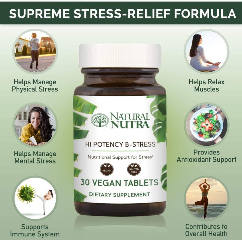 Hi Potency B Stress Complex by Natural Nutra with Vitamin C, Passion Flower and Valerian Root, 30 Tablets