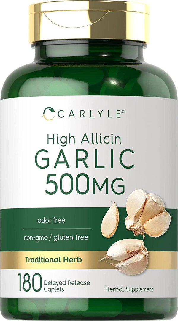 High Allicin Garlic Supplement 500mg | 180 Caplets | Odorless Garlic Pills | Vegetarian, Non-GMO, Gluten Free | by Carlyle