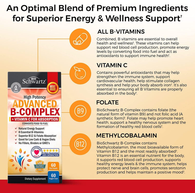High Potency Vitamin B Complex with Vitamin C for Maximum Absorption - All 8 B Vitamins for Immune and Energy Support - B1, B2, B3, B5, B6, B7, B9, B12 and Folic Acid- 60 Veggie Capsules