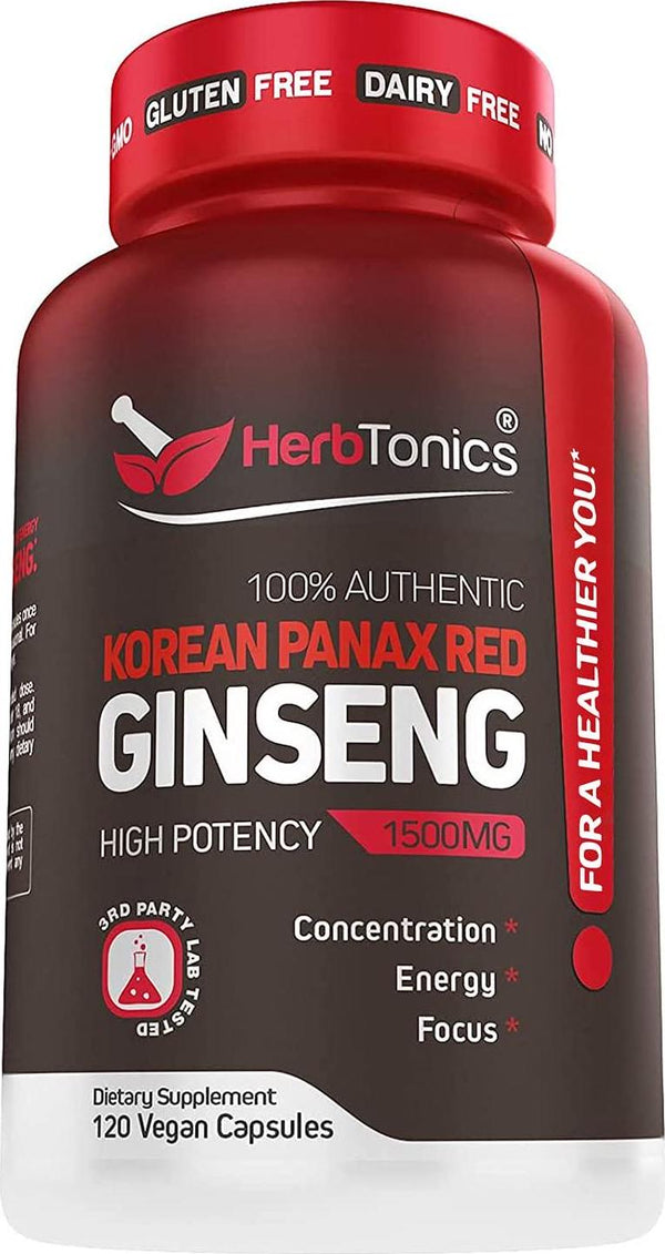 High Strength Korean Red Panax Ginseng 1500 mg Supplement -120 Vegan Capsules- High Ginsenosides Powder Extract to Boost Energy, Endurance, Mood, Performance and Sexual Health Pills for Men and Women-