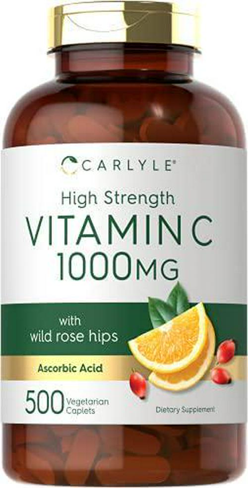High Strength Vitamin C 1000mg | 500 Caplets | Ascorbic Acid with Wild Rose Hips | Non-GMO and Gluten Free | by Carlyle