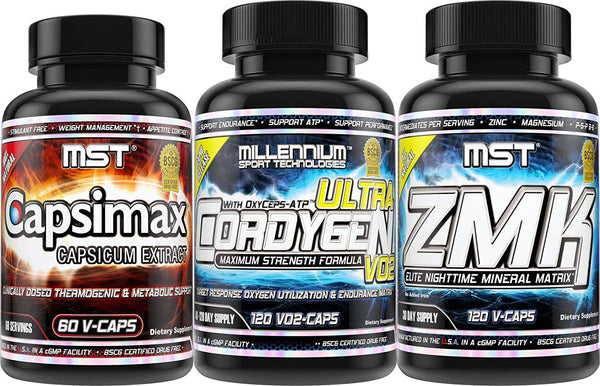 Home Workout Supplement Stack - Capsimax 100mg, 60 Servings clinically dosed Weight Management, ZMK Nighttime Recovery, Cordygen VO2 Ultra Pre Endurance from MST Millennium Sport Technologies