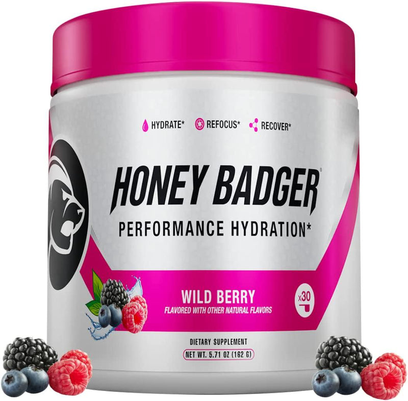 Honey Badger Electrolytes Powder with Nootropics | Vegan Keto Wild Berry Hydration Supplement Drink Mix with Alpha-GPC, BCAAs + EAAs for Workout Recovery | Sugar Free, Caffeine Free | 30 Servings