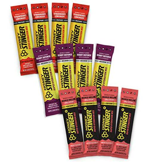 Honey Stinger Rapid Hydration Mix Variety Pack with Sticker 12 Count Strawberry Lemonade, Mango Melon, Berry Defense Unique Blends of Electrolytes