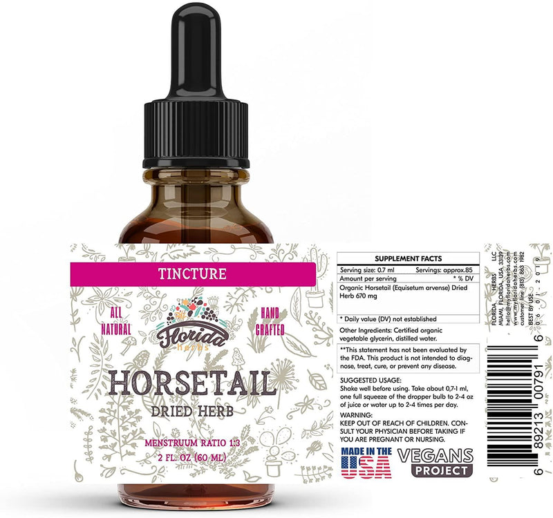 Horsetail Tincture, Organic Horsetail Extract (Equisetum arvense) Dried Herb, Non-GMO in Cold-Pressed Organic Vegetable Glycerin, Florida Herbs Supplements 2 Oz, 670 mg