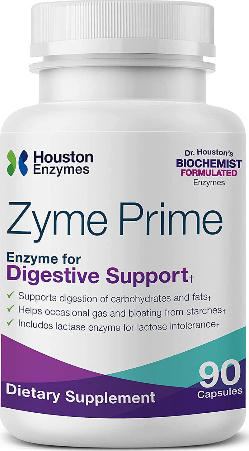 Houston Enzymes - Zyme Prime - 90 Capsules - Professionally Formulated to Support Digestion of Carbohydrates and Fats - Enhanced with Lactase for Lactose Intolerance - Helps Relieve Gas and Bloating