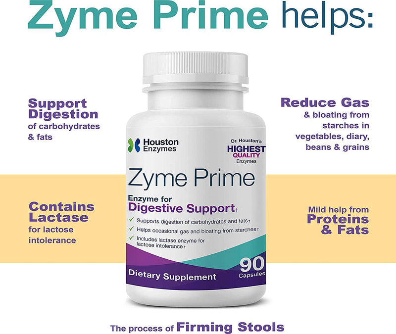 Houston Enzymes - Zyme Prime - 90 Capsules - Professionally Formulated to Support Digestion of Carbohydrates and Fats - Enhanced with Lactase for Lactose Intolerance - Helps Relieve Gas and Bloating