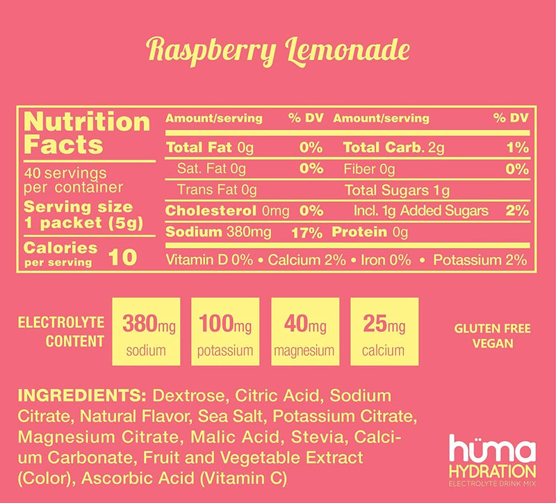 Huma Hydration Drink Mix for Sports and Exercise - Low Calorie, High Electrolyte Powder - 100% Natural, 1g Sugar, 10 Calories, Vegan, GF - 40 Servings, Raspberry Lemonade
