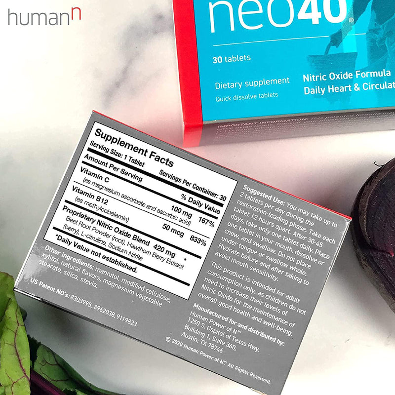HumanN Neo40 Daily Bundle Heart and Blood Circulation Supplements to Boost Nitric Oxide with N-O Indicator Test Strips - Includes 30 Dissolvable Tablets and 25 Test Strips