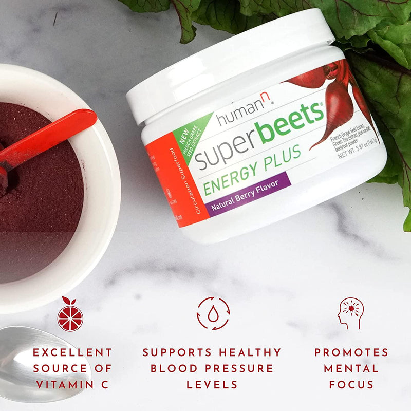 HumanN SuperBeets Energy Plus with Grape Seed Extract | Concentrated Non-GMO Beetroot Supplement with Green Tea Extract, 80mg Caffeine per Serving, Vitamin C, Natural Berry Flavor, 5.87oz