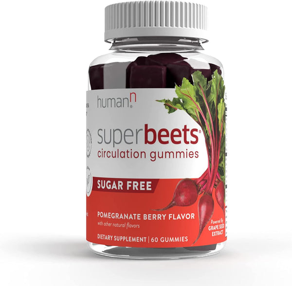 HumanN SuperBeets Sugar-Free Nitric Oxide Circulation Gummies - Daily Blood Pressure Support for Heart Health - Grape Seed Extract and Non-GMO Beet Energy Gummies - Pomegranate Berry Flavor, 60 Count