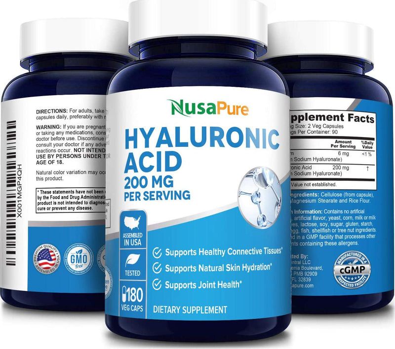 Hyaluronic Acid 200mg 180 Veggie Capsules (Non-GMO and Gluten Free) - Support Healthy Joints - Promote Healthy Skin - 200mg per Serving Extra Sodium 6mg