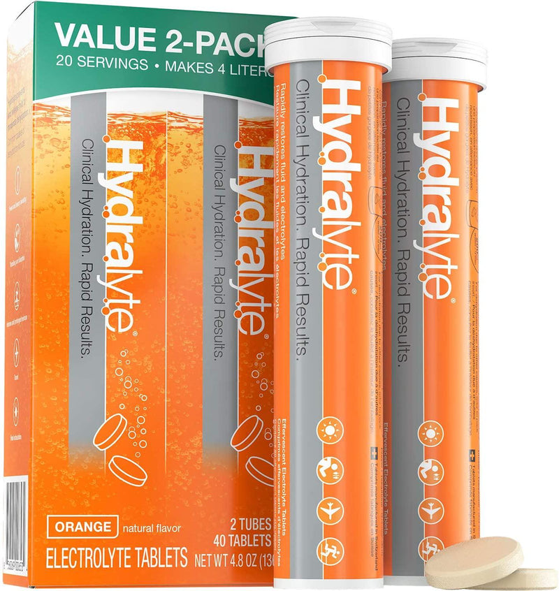 Hydralyte Effervescent Electrolyte Tablets, 2 Pack, On-The-go Clinical Hydration (Orange 20 Count x 2), Effervescent Tablets, Add to Water to Make an Electrolyte Drink