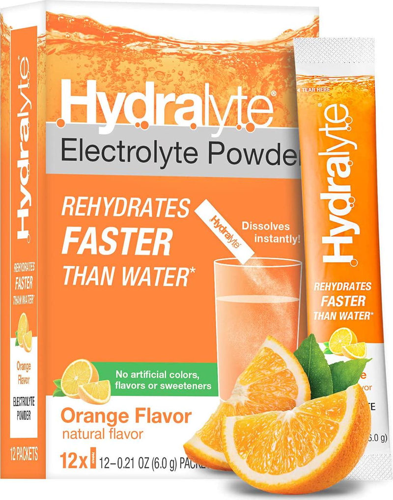 Hydralyte Electrolyte Hydration Powder Packets | Lightly Sparkling | Single Serve Powder Drink Mix for Workout, Cold and Flu, Late Night Recovery | Non-GMO, Instant Dissolve | All Natural Orange, 12 ct